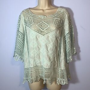 Aqua mint Lace Crochet Top blouse lacey open knit work cotton macramé flare lrg